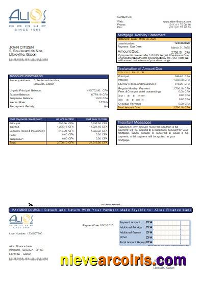 Gabon Alios Finance bank mortgage statement